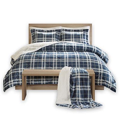 Sherpa Comforter and Throw Combo Set, Ultra Softy Fluffy Warm Checker Plaid Pattern Cold Weather Bedding